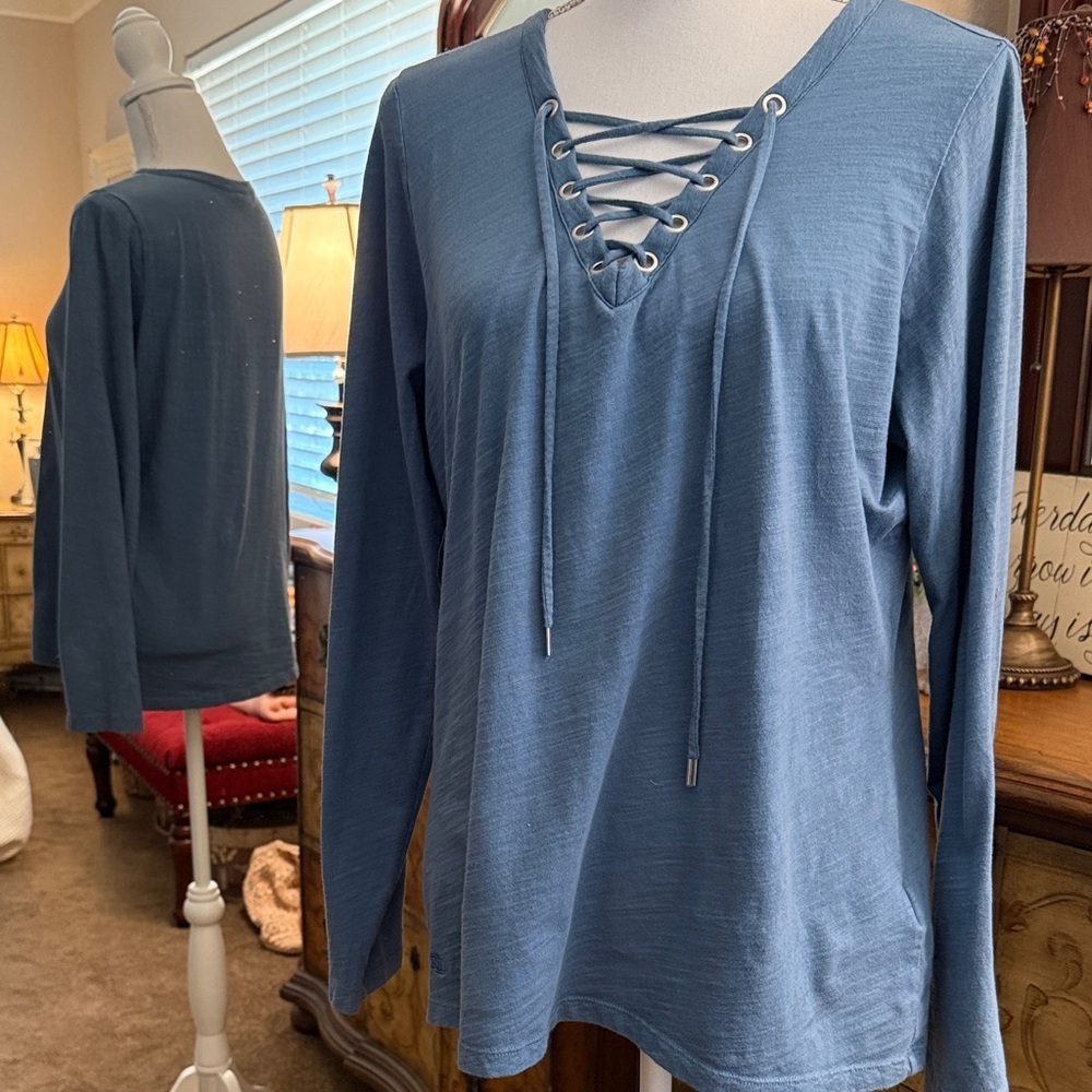 Lauren Ralph Lauren Steel Blue Lace-Up Cotton Top